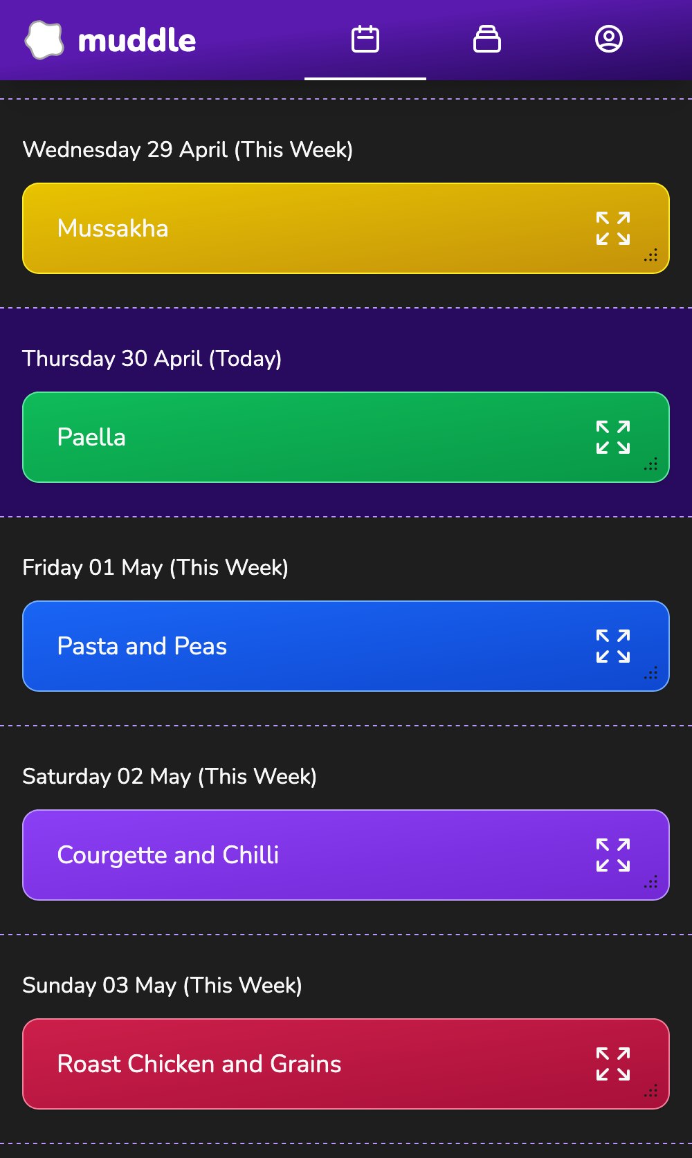 Muddle calendar showing a week of planned meals